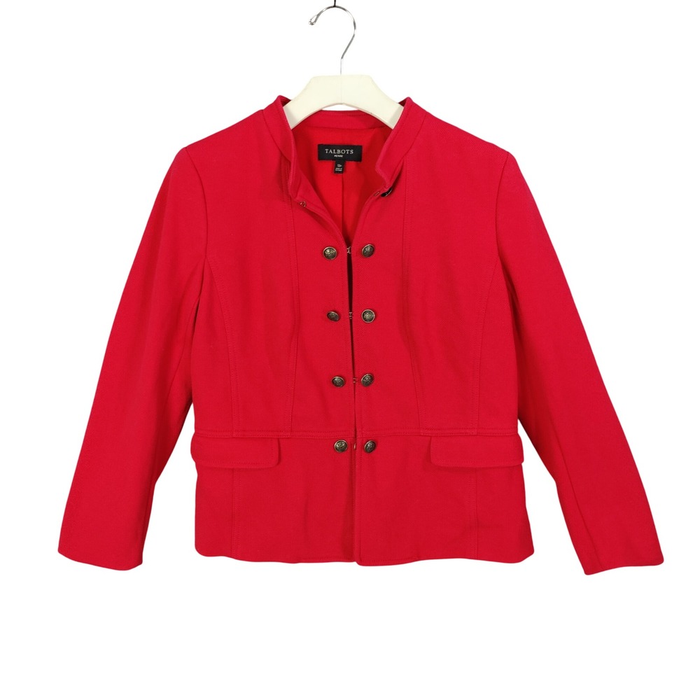 Talbots Red Blazer Jacket Button Hook Front Collarless Women 12P Petite Career